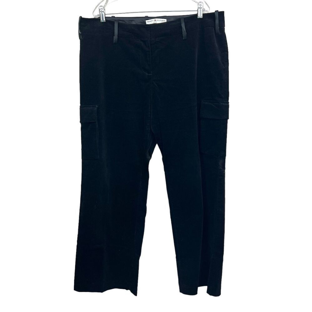 Tommy Hilfiger Women Cargo Pants Velveteen Stretch Straight Hi Rise Black Sz 16*